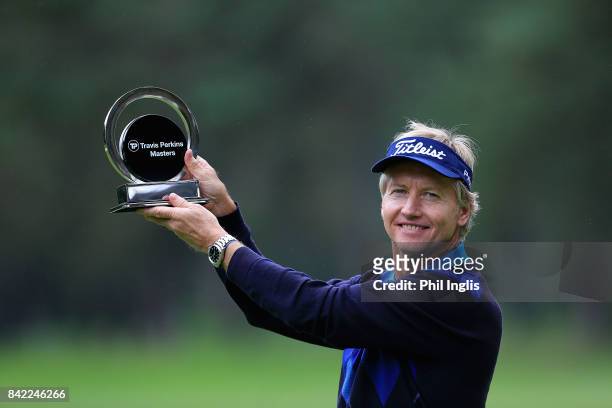 Philip Golding of England in poses with the trophy after the final round of the Travis Perkins Senior Masters played at the Duke's Course, Woburn...