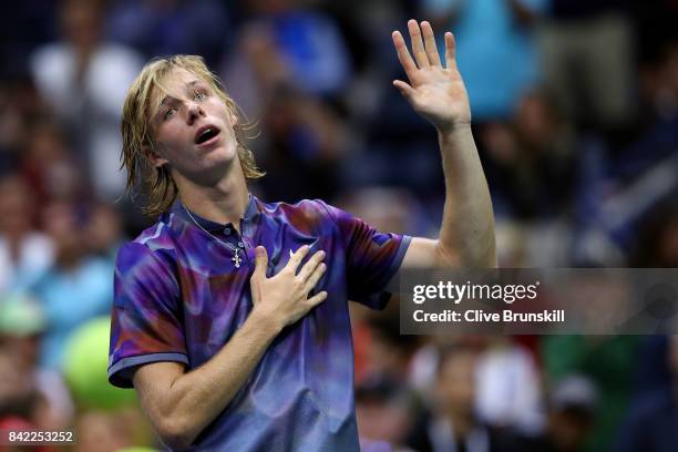 Denis Shapovalov of Canada reacts after his fourth round match defeat to Pablo Carreno Busta of Spain on Day Seven of the 2017 US Open at the USTA...