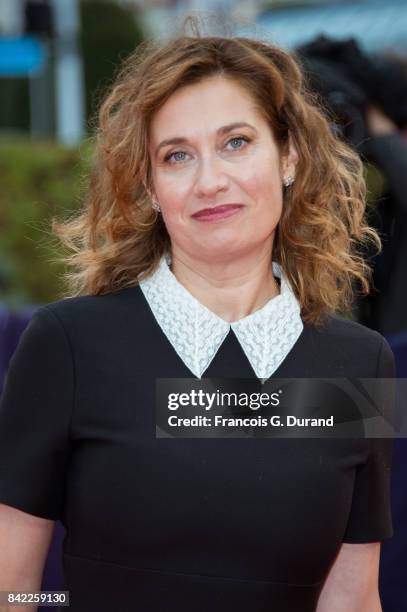 French actress Emmanuelle Devos arrives at the "Kidnap" premiere during the 43rd Deauville American Film Festival on September 3, 2017 in Deauville,...