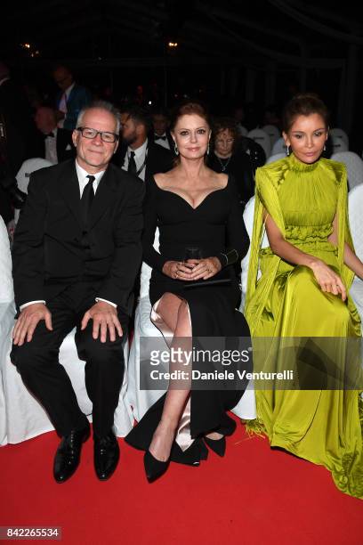 Thierry Fremaux, Susan Sarandon and Lola Karimova-Tillyaeva attend the Kineo Diamanti Awards during the 74th Venice Film Festival at Excelsior Hotel...