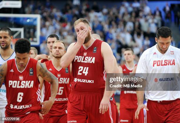 Przemyslaw Karnowski of Poland reacts during the FIBA Eurobasket 2017 Group A match between Finland and Poland on September 3, 2017 in Helsinki,...