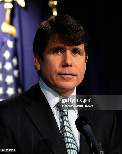 Illinois Governor Rod Blagojevich pauses as he speaks at a press conference at the James R. Thompson Center on January 9, 2009 in Chicago, Illinois....