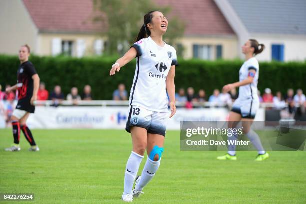 Disappointment for Ami Otaki of Paris FC as she shoots wide during women's Division 1 match between FC Fleury 91 and Paris FC on September 3, 2017 in...