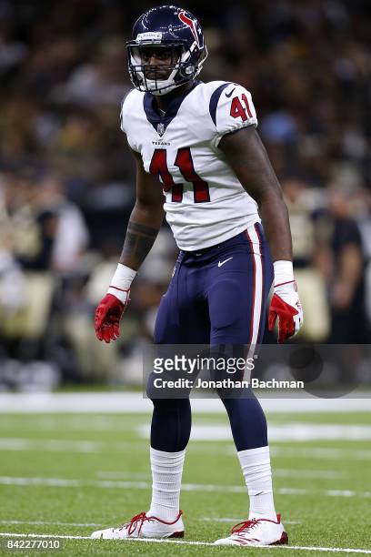 Zach Cunningham of the Houston Texans defends during the first half of a preseason game against the New Orleans Saints at the Mercedes-Benz Superdome...