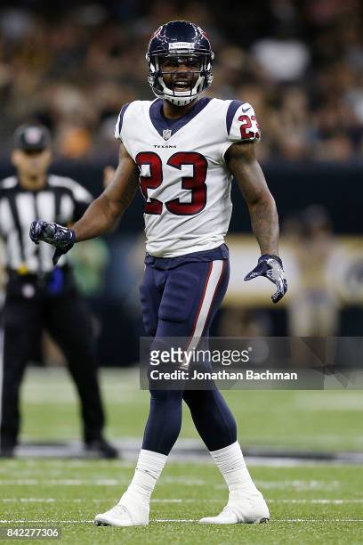 Kurtis Drummond of the Houston Texans defends during the first half of a preseason game against the New Orleans Saints at the Mercedes-Benz Superdome...