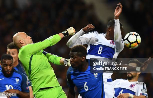 Luxembourg's goalkeeper Jonathan Joubert jumps for the ball during the FIFA World Cup 2018 qualifying football match France vs Luxembourg at The...