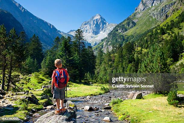 boy looking at mountain - eco tourism stock pictures, royalty-free photos & images