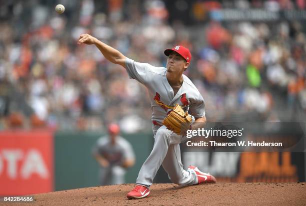 Luke Weaver of the St. Louis Cardinals pitches against the San Francisco Giants in the bottom of the first inning at AT&T Park on September 3, 2017...