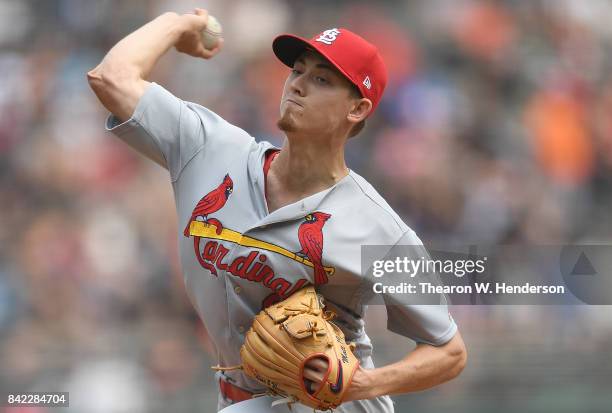 Luke Weaver of the St. Louis Cardinals pitches against the San Francisco Giants in the bottom of the first inning at AT&T Park on September 3, 2017...