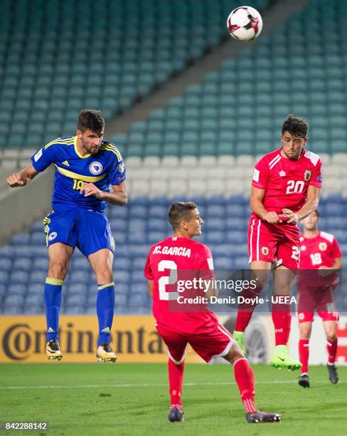 Kenan Kodro scores his team's 2nd goal during FIFA 2018 World Cup Qualifier between Gibraltar and Bosnia and Herzegovina at Estadio Algarve on...