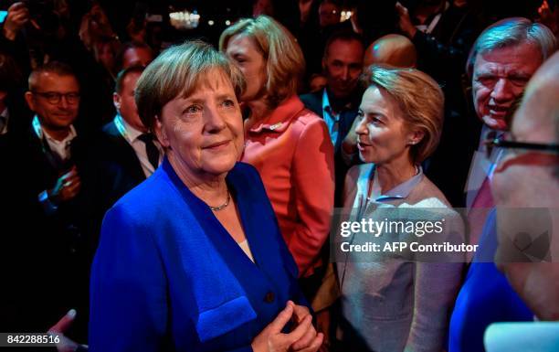 German Chancellor and leader of the conservative Christian Democratic Union party Angela Merkel meets with her CDU colleagues after taking part in a...