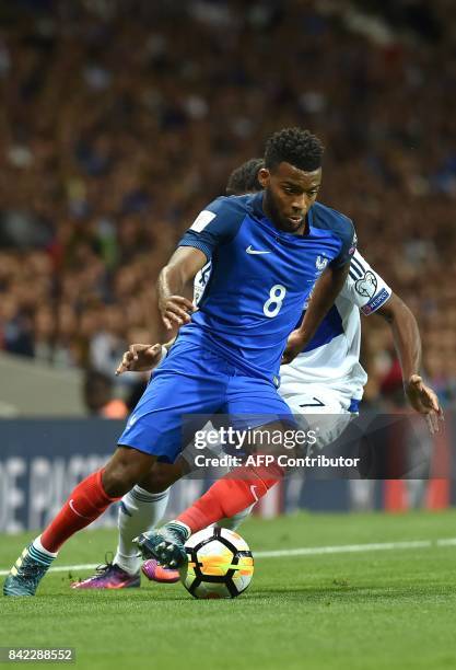 France's midfielder Thomas Lemar controls the ball during the FIFA World Cup 2018 qualifying football match France vs Luxembourg on September 3, 2017...