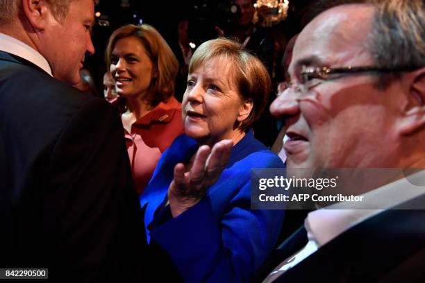 German Chancellor and leader of the conservative Christian Democratic Union party Angela Merkel meets with her CDU colleagues after taking part in a...