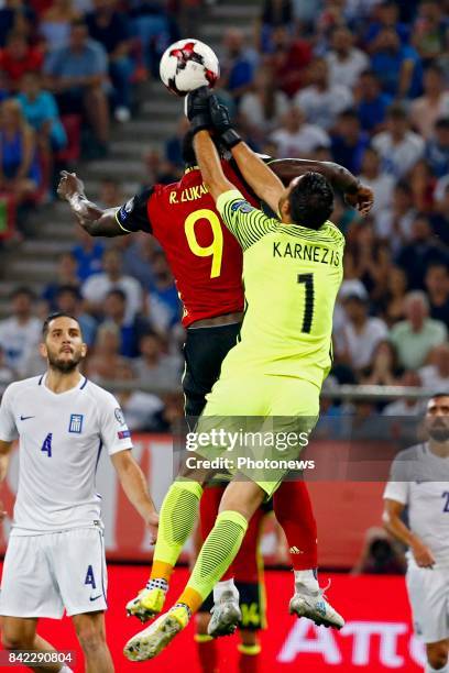 Orestis Karnezis goalkeeper of Greece and Romelu Lukaku forward of Belgium and during the World Cup Qualifier Group H match between Greece and...