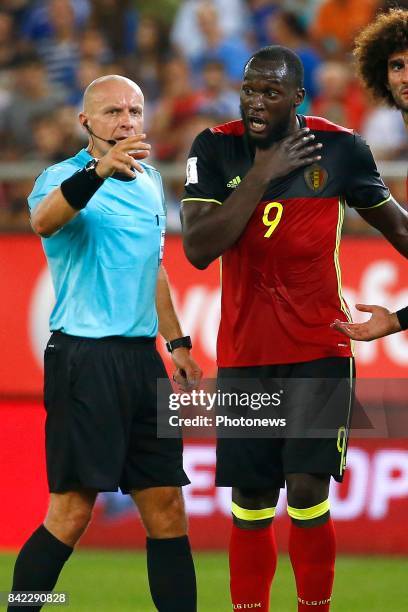 Referee and Romelu Lukaku forward of Belgium during the World Cup Qualifier Group H match between Greece and Belgium at the Georgios Karaiskakis...