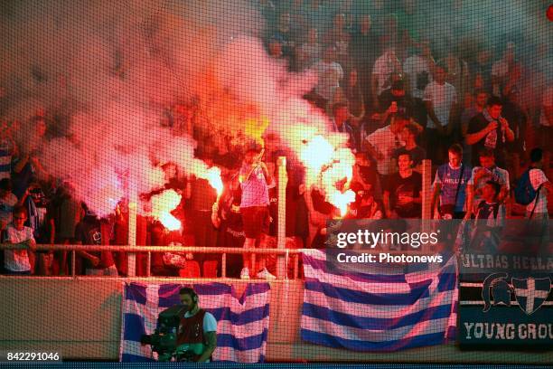 Supporters during the World Cup Qualifier Group H match between Greece and Belgium at the Georgios Karaiskakis Stadium on September 03, 2017 in...