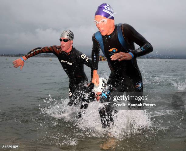 Samantha Warriner of Whangarei finishes the swim leg during the women's division of the Port Of Tauranga Half Ironman at Mount Maunganui on January...