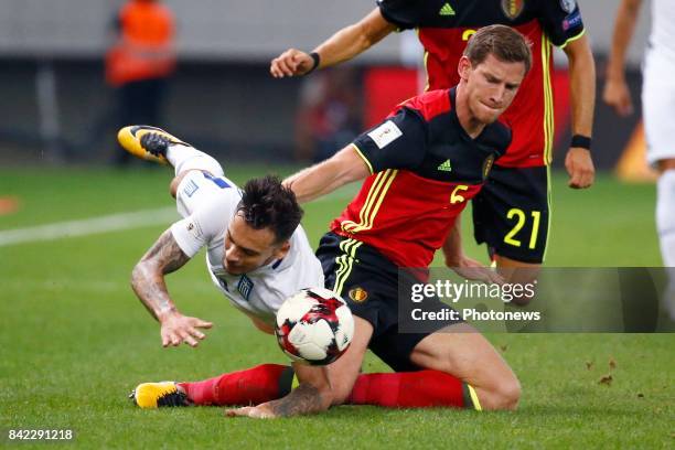 Tasos Donis forward of Greece and Jan Vertonghen defender of Belgium during the World Cup Qualifier Group H match between Greece and Belgium at the...