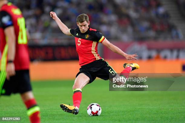 Jan Vertonghen defender of Belgium scores the opening goal during the World Cup Qualifier Group H match between Greece and Belgium at the Georgios...
