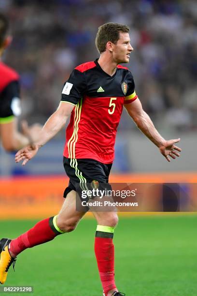 Jan Vertonghen defender of Belgium celebrates scoring the opening goal during the World Cup Qualifier Group H match between Greece and Belgium at the...