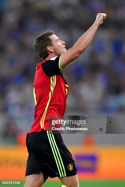 Jan Vertonghen defender of Belgium celebrates scoring the opening goal during the World Cup Qualifier Group H match between Greece and Belgium at the...