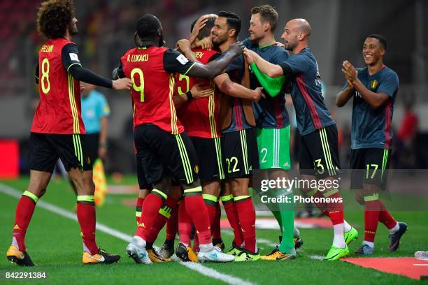 Jan Vertonghen defender of Belgium celebrates scoring the opening goal with teammates during the World Cup Qualifier Group H match between Greece and...