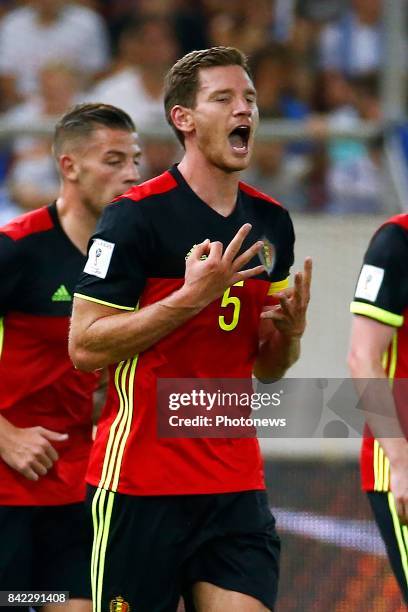 Jan Vertonghen defender of Belgium celebrates during the World Cup Qualifier Group H match between Greece and Belgium at the Georgios Karaiskakis...