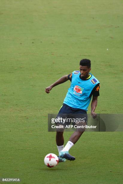 Brazil's defender Jemerson takes part in a training session at Arena Amazonia, Manaus, Brazil, on September 3, 2017 ahead of their upcoming 2018 FIFA...