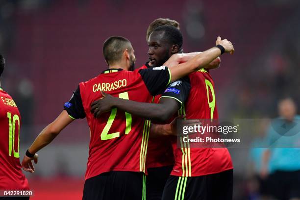 Romelu Lukaku forward of Belgium celebrates scoring a goal with teammates during the World Cup Qualifier Group H match between Greece and Belgium at...