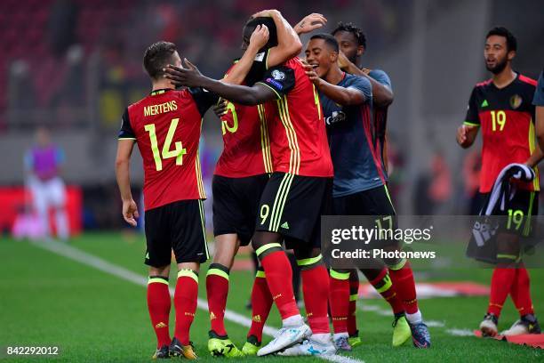 Romelu Lukaku forward of Belgium celebrates scoring a goal with teammates during the World Cup Qualifier Group H match between Greece and Belgium at...