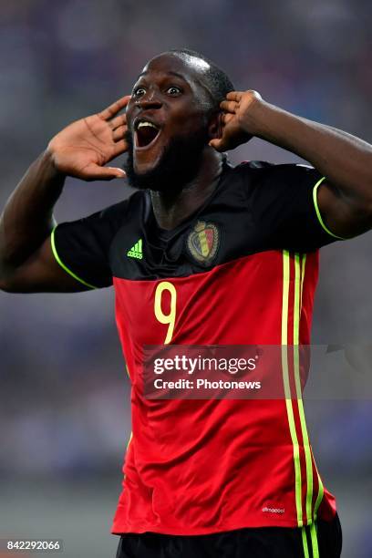 Romelu Lukaku forward of Belgium celebrates scoring a goal during the World Cup Qualifier Group H match between Greece and Belgium at the Georgios...