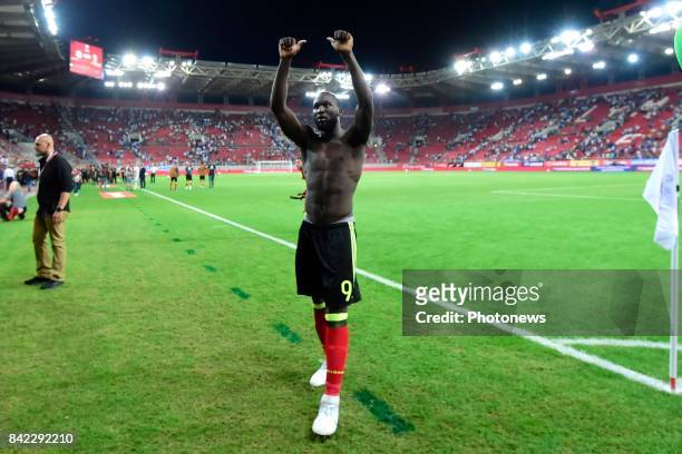 Romelu Lukaku forward of Belgium celebrating the victory towards their supporters after the World Cup Qualifier Group H match between Greece and...