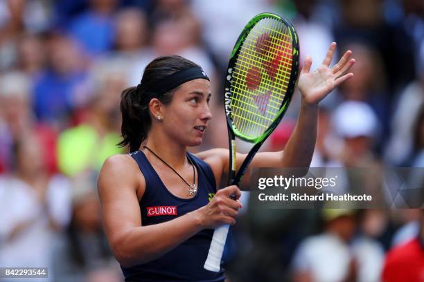 Anastasija Sevastova of Latvia celebrates her women's singles fourth round match victory over Maria Sharapova of Russia on Day Seven of the 2017 US...