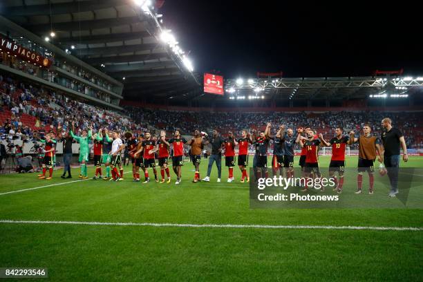 Team of Belgium celebrates during the World Cup Qualifier Group H match between Greece and Belgium at the Georgios Karaiskakis Stadium on September...