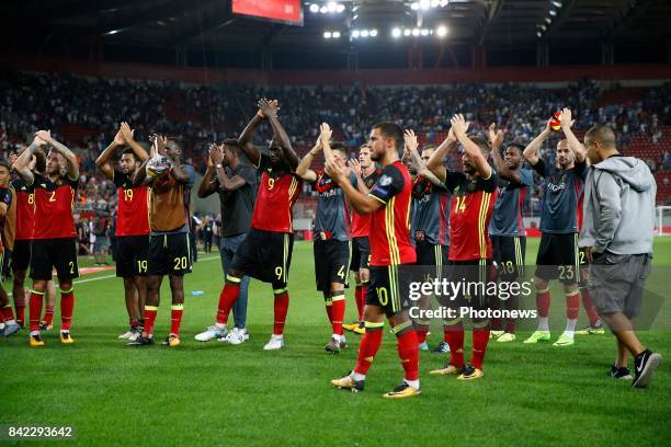 Team of Belgium celebrates during the World Cup Qualifier Group H match between Greece and Belgium at the Georgios Karaiskakis Stadium on September...