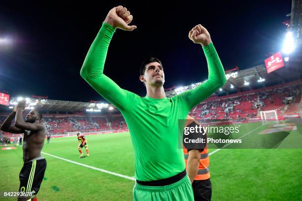 Thibaut Courtois goalkeeper of Belgium celebrating the victory towards their supporters after the World Cup Qualifier Group H match between Greece...