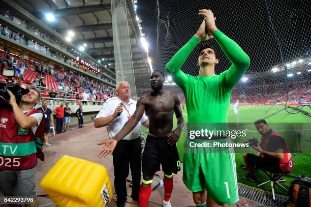 Thibaut Courtois goalkeeper of Belgium celebrating the victory towards their supporters after the World Cup Qualifier Group H match between Greece...