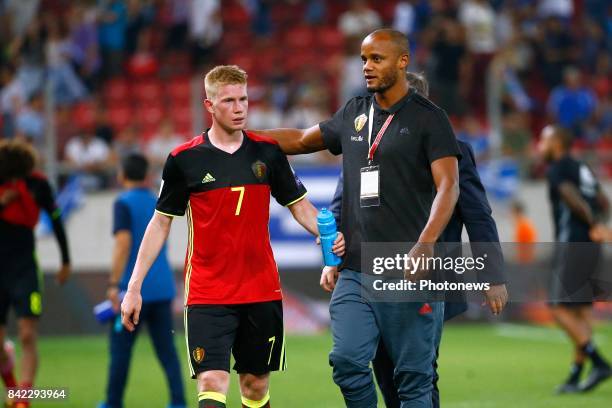 Vincent Kompany defender of Belgium and Kevin De Bruyne forward of Belgium during the World Cup Qualifier Group H match between Greece and Belgium at...