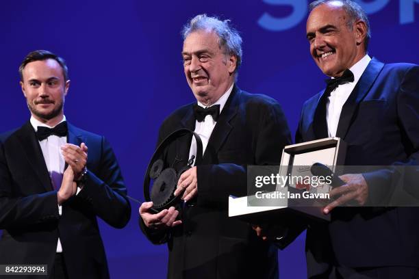 English Director Stephen Frears receives The Jaeger-LeCoultre Glory To The Filmmaker Award and Reverso engraved watched from Chief Marketing Officer...