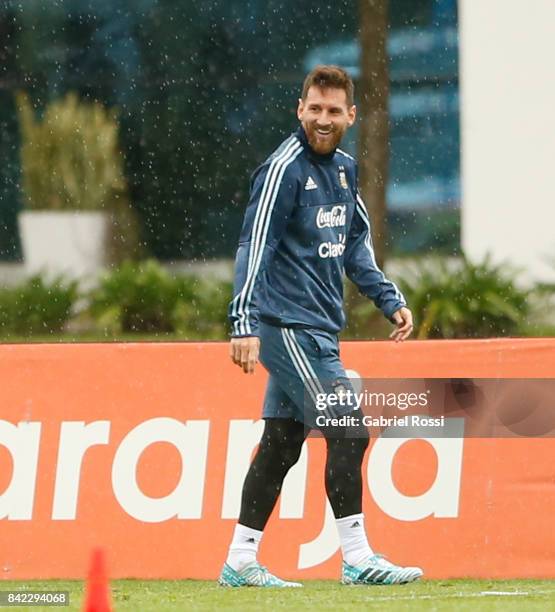 Lionel Messi of Argentina smiles during a training session at 'Julio Humberto Grondona' training camp on September 03, 2017 in Ezeiza, Argentina.