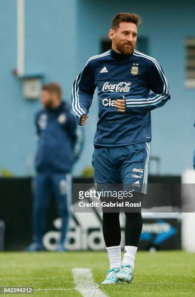 Lionel Messi of Argentina looks on during a training session at 'Julio Humberto Grondona' training camp on September 03, 2017 in Ezeiza, Argentina.