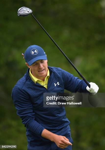 Jordan Spieth of the United States reacts to his shot from the fourth tee during round three of the Dell Technologies Championship at TPC Boston on...