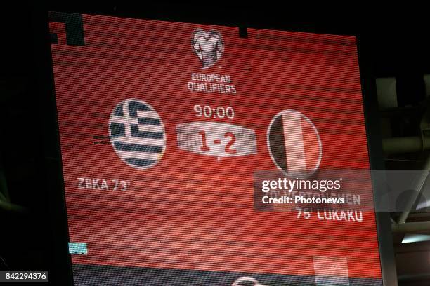 Scoreboard during the World Cup Qualifier Group H match between Greece and Belgium at the Georgios Karaiskakis Stadium on September 03, 2017 in...