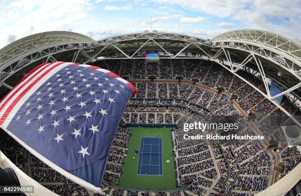 General view of Arthur Ashe Stadium during the women's singles fourth round match between Maria Sharapova of Russia and Anastasija Sevastova of...