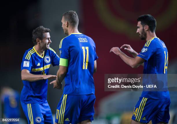 Edin Dzeko of Bosnia and Herzegovina celebrates after scoring his team's 4th goal during FIFA 2018 World Cup Qualifier between Gibraltar and Bosnia...
