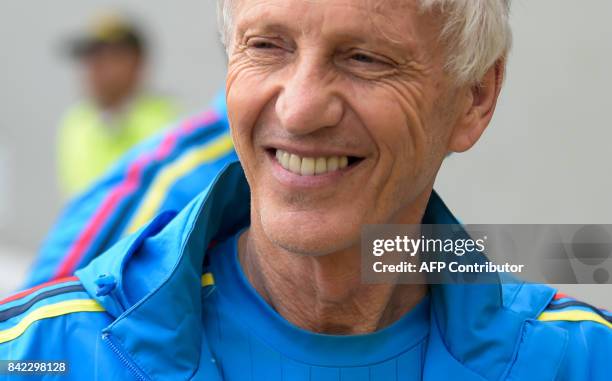 Colombia's coach Jose Pekerman smiles before their training session in Barranquilla on September 3, 2017 ahead of a 2018 FIFA World Cup Russia...