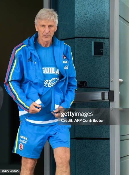 Colombia's coach Jose Pekerman walks before their training session in Barranquilla on September 3, 2017 ahead of a 2018 FIFA World Cup Russia...