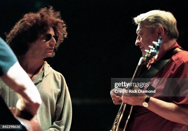 Producer Don Was and Elvis Guitarist Scotty Moore perform during Elvis: The Tribute at The Pyramid Arena in Memphis Tennessee October 08, 1994