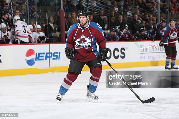 Philippe Dupuis of the Colorado Avalanche skates against the Chicago Blackhawks at the Pepsi Center on January 08, 2009 in Denver, Colorado. The...