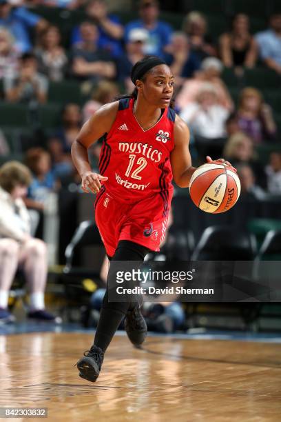 Ivory Latta of the Washington Mystics brings the ball up court during the game against the Minnesota Lynx on September 3, 2017 at Xcel Energy Center...